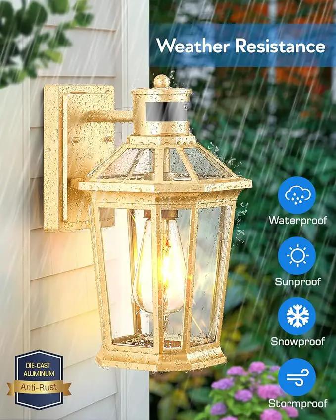 VIANIS Gold Outdoor Wall Lights with Motion Sensor, Dusk to Dawn Outside Porch Lights Lantern, Waterproof Weather Resistant Exterior Lights for House, Doorway, Garden, Home with Clear Glass Shade by GreenHaven Gardens