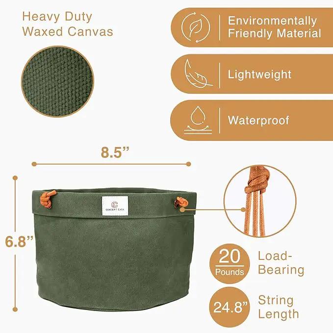 Waxed Canvas Handmade Hanging Planter for Indoor/Outdoor Plants, Hanging Basket Plant Holder Forest Green by GreenHaven Gardens