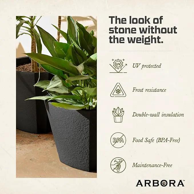 ARBORA 16" Monaco Square Polyresin Indoor and Outdoor Planter with Classic Black Finish - Durable, Weatherproof, Lightweight, Large Plant Pot for Patio, Garden, Deck, Entryway by GreenHaven Gardens