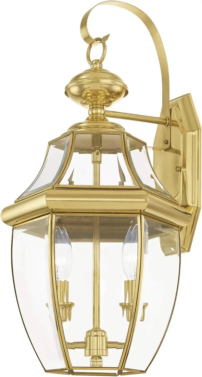 Livex Lighting 2251-02 Monterey 2 Light Outdoor Polished Brass Finish Solid Brass Wall Lantern with Clear Beveled Glass, 20.25" x 10.5" x 10" by GreenHaven Gardens