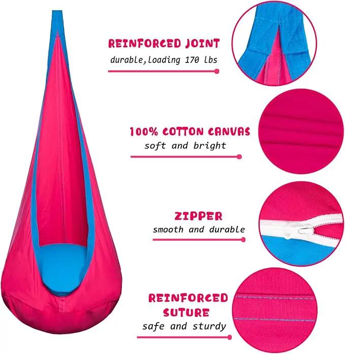 Kids Pod Swing Hanging Seat Child Hammock Chair Indoor and Outdoor Sensory Swing 100% Cotton Loading Capacity 170 lbs (Pink) by GreenHaven Gardens