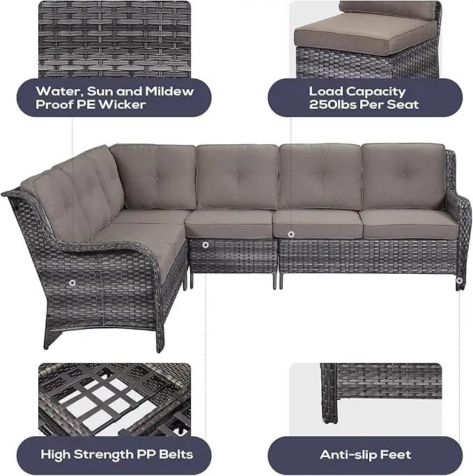 Outdoor Furniture Sectional Sofa L Shaped Couch - Patio Wicker Furniture Set with Coffee Table, 3 Piece Rattan Patio Conversation Sets with Gray Cushion for Deck Backyard Sunroom by GreenHaven Gardens