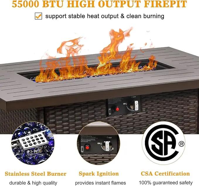 LayinSun 44" Propane Gas Fire Pit Table, 55000 BTU Rectangular Fire Pit with Glass Wind Guard for Outside Patio Deck Garden Backyard Brown-Aluminum Top by GreenHaven Gardens
