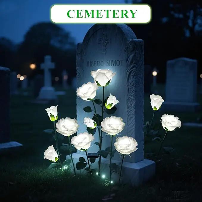 2 Pack Solar Garden Lights Outdoor, 7-Flower Rose LED Stake Light for Yard Patio Pathway Lawn Fence Cemetery, White by GreenHaven Gardens