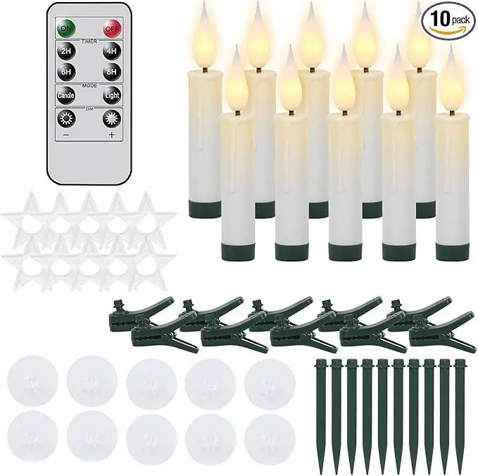 DRomance Christmas Tree Flameless Taper Candle Lights Battery Operated with 10-Key Remote and Timer, 10 Pack Plastic 3D Wick Flickering LED Taper Candles Multi-Using Home Garden Holiday Decor 3.4" by GreenHaven Gardens