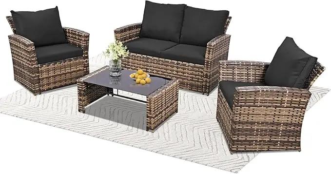 4 Piece Outdoor Patio Furniture Set,Wicker Conversation Sets Outdoor Sectional Patio Sofa Couch with Cushions & Coffee Table for Outside, Garden, Balcony, Porch,Yellow/Black by GreenHaven Gardens