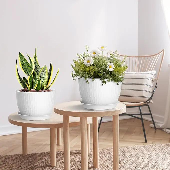 Plant Pots 12/10/9 Inch Pots, Set of 3 Plastic Planters with Drainage Holes and Saucers,Plastic Flower Pots,Nursery Planting Pot for Indoor Out Door Plants（White） by GreenHaven Gardens