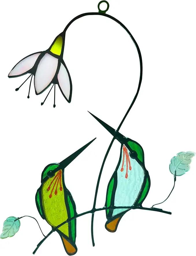 Hummingbird with Flower Stained Glass Suncatcher Bird Stained Glass Window Hangings Hummingbird Gift for Women Home Decor by GreenHaven Gardens