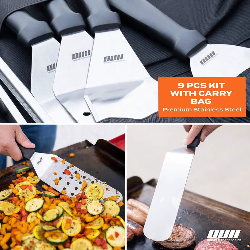 Flat Top Griddle Accessories for Blackstone and Camp Chef Griddle - 9 Pieces Set with Griddle Cleaning Kit and Carry Bag! Metal Spatula, Scraper for Hibachi and Teppanyaki Grill by GreenHaven Gardens