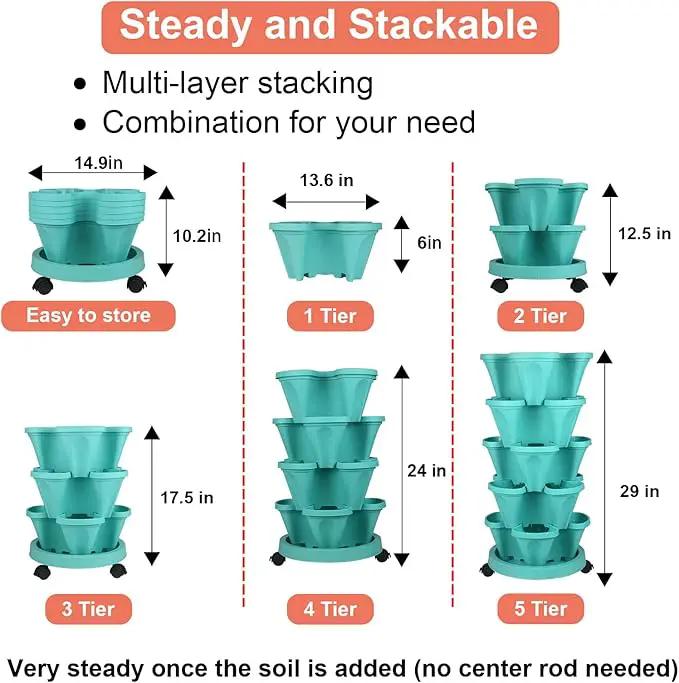 Vertical Planter 5 Tier Stackable Planters Garden Planters Strawberry Herb Flower and Vegetable Planter Indoor Outdoor Gardening Pots with Removable Wheels and Tools by GreenHaven Gardens