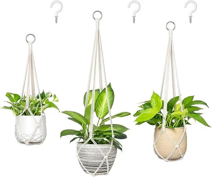Dahey Macrame Plant Hanger Set of 3 with Hooks Indoor Hanging Planter Basket 35"/29"/23" Handmade Woven Cotton Rope Flower Pot Crochet Plant Holder Stand for Boho Home Decor No Tassels,Beige by GreenHaven Gardens