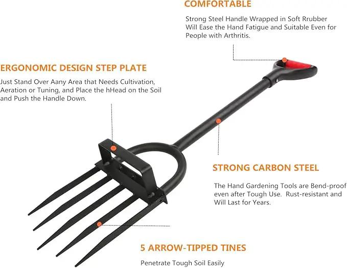 5-Tine Heavy Duty Pitch Fork for Gardening - Long Handled Digging Fork Garden Claw Weeder by GreenHaven Gardens