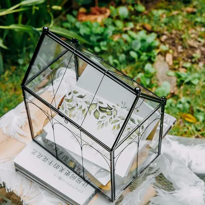 NCYP Glass Terrarium with Lid for Cacti, Succulents, Small Plants - 7.5 x 4.9 x 9 inches Closed Geometric Planter Box - Home Indoor Tabletop House Shape Decorative, Black (Terrarium Only) by GreenHaven Gardens