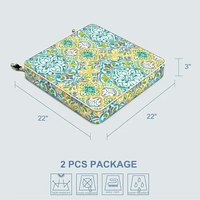 LVTXIII Patio Chair Cushions 22"x22"x3", Water-Repellent Outdoor Seat Cushions for Patio Furniture, Square Chair Pads with Ties for Home Garden Decoration, Set of 2, Damask Green by GreenHaven Gardens