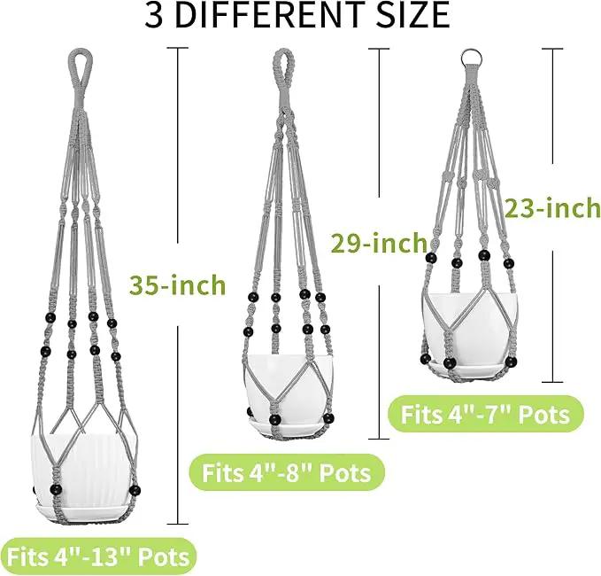3 Pack Macrame Plant Hanger - 35"/29"/23" Different Sizes, Hanging Planter Basket Flower Pot Holder for Indoor Outdoor, Boho Home Decor, Gray (POTS NOT Included) by GreenHaven Gardens