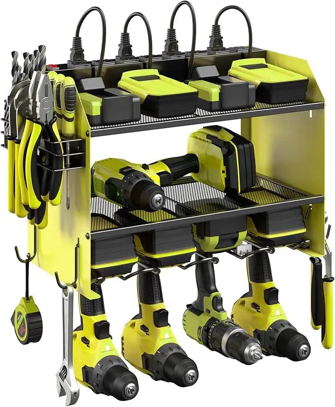 CCCEI Modular Power Tool Organizer Wall Mount with Charging Station. Garage 4 Drill Storage Shelf with Hooks, Screwdriver, Drill Bit Heavy Duty Rack, Tool Battery Holder Built in 8 Outlet Power Strip. by GreenHaven Gardens