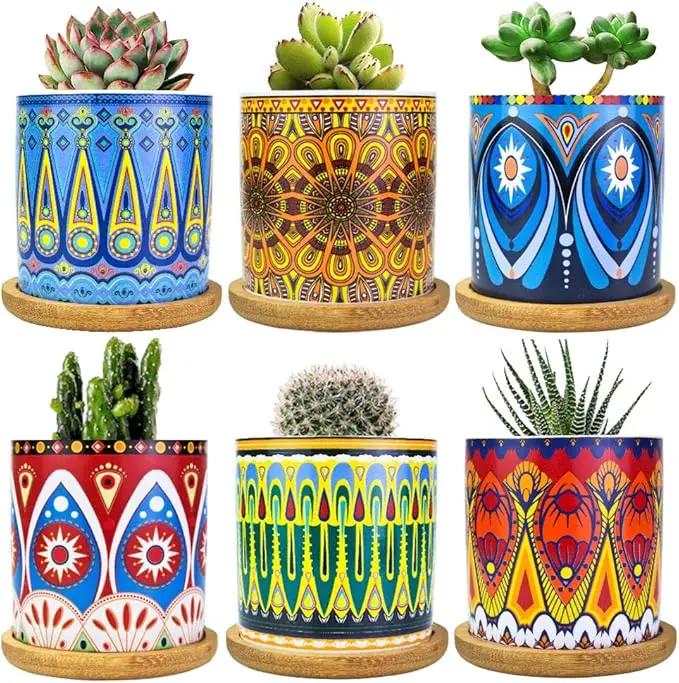 Mandala Succulent Pot with Drainage Hole & Bamboo Coaster, Small Plant Pots, Bohemian Ceramic Succulent Planter Pot for Small Plant-6 Pack by GreenHaven Gardens