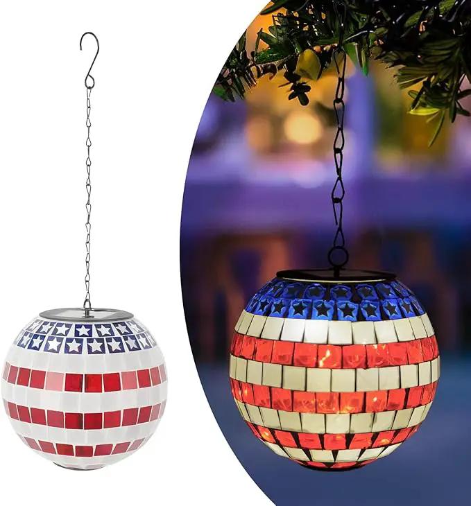 American Flag Solar Hanging Lanterns Outdoor Waterproof Glass Mosaic Gazing Ball Globe Hanging Lantern Lights for Patio Garden Yard Home Decor (Red) by GreenHaven Gardens