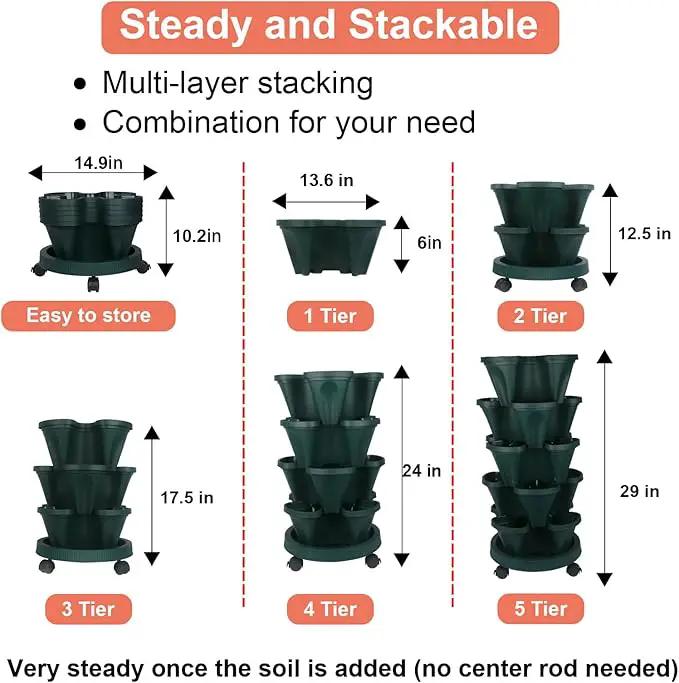 Vertical Planter 5 Tier Stackable Planters Garden Planters Strawberry Herb Flower and Vegetable Planter Indoor Outdoor Gardening Pots with Removable Wheels and Tools by GreenHaven Gardens