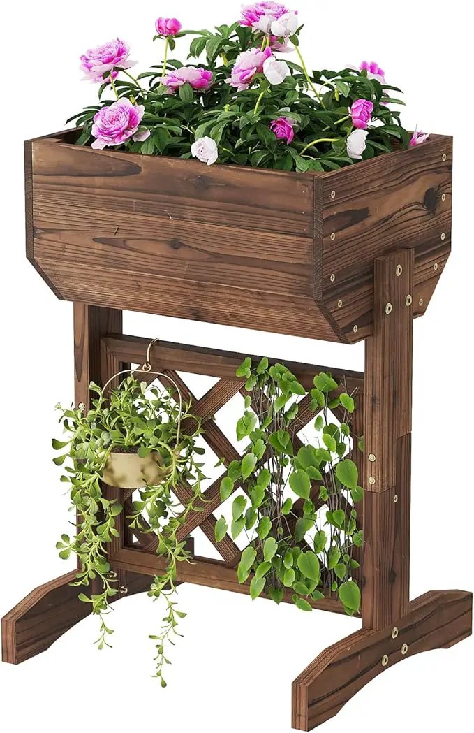 Raised Garden Bed, Standing Vertical Horticulture Planter Box for Backyard, Patio, Balcony, Planter for Flowers Herbs Vegetables for Indoor & Outdoo Decor with Trellis (Carbonized) by GreenHaven Gardens