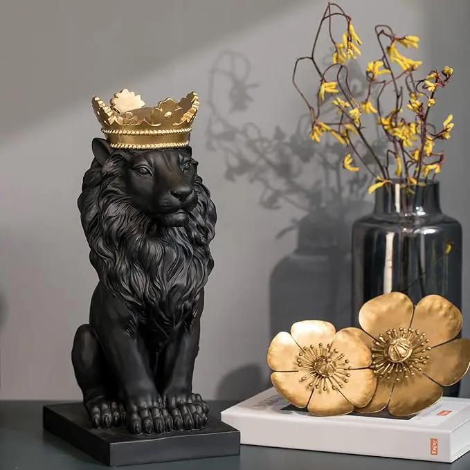 LCdecohome Lion Statue - Outdoor Collectible Figurine, 15 Inch Gold Crown Black Standing Lion Home Decor for Desk & Home Black Decor Gift by GreenHaven Gardens