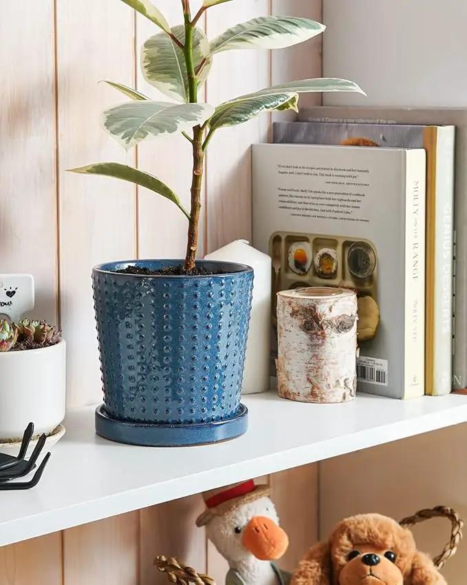 LE TAUCI Ceramic Pots for Plants, 5.5 Inch Plant Pots with Drainage and Saucer, Indoor Plant Pots for Succulents, Snake Plants, Cactus, and More, Set of 2, Reactive Glaze Blue by GreenHaven Gardens