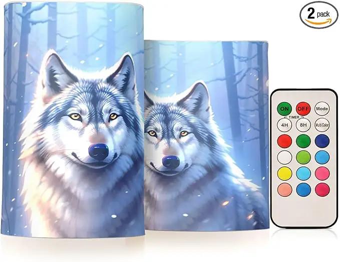 Flickering Flameless Candles, Wolf Winter Forest LED Candles with Remote Timer, Set of 2 Battery Operated Candle for Valentine Wedding Birthday by GreenHaven Gardens