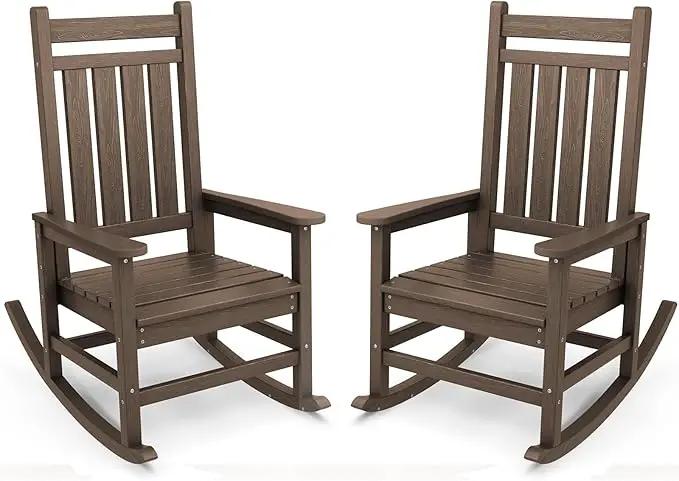 SERWALL Outdoor Rocking Chair Set of 2, HDPE Rocking Chairs for Adult, All Weather Porch Rockers for Lawn Garden, Coffee by GreenHaven Gardens