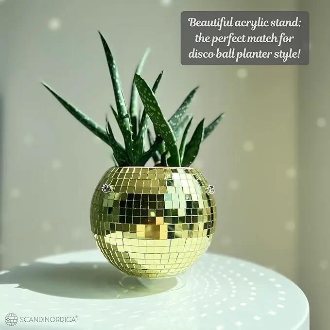 SCANDINORDICA Disco Ball Planter – Value Package: Mirror Disco Planter with Chain, Macrame Hanger and Acrylic Stand for Desk, Includes Self Watering Insert, Retro Decor | 6 inch Gold by GreenHaven Gardens