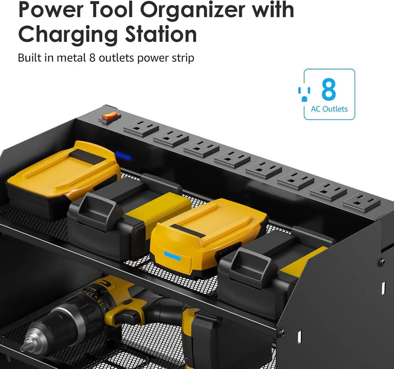 CCCEI Modular Power Tool Organizer Wall Mount with Charging Station. Garage 4 Drill Storage Shelf with Hooks, Screwdriver, Drill Bit Heavy Duty Rack, Tool Battery Holder Built in 8 Outlet Power Strip. by GreenHaven Gardens