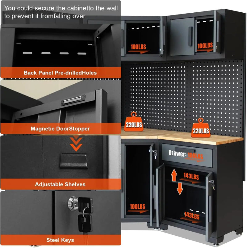Garage Storage Cabinet System - 8-Piece Set with Corner Cabinet, Drawers, Workbench, Pegboard for Tool Organization - Black and Grey by GreenHaven Gardens