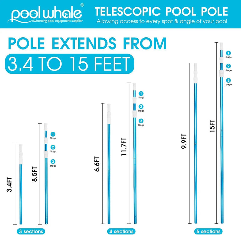 POOLWHALE Premium 15 Foot Telescopic Swimming Pool Pole, Adjustable 3 Piece Extendable Pool Cleaning Pole, Blue Anodized Aluminum - for Skimmer Nets, Vacuum Heads and Brushes by GreenHaven Gardens