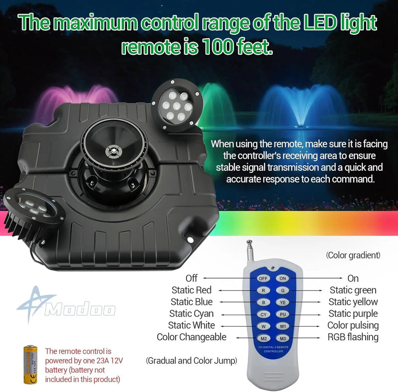 Pond Fountain Aerator with Lights RGB LED, 1HP 750W Floating Fountain System for Outdoor Lake Pond, 110V 15000 GPH Fully Automatic Stainless Steel Fountain Pump with 2 LED Lights 100 Feet Power Cord by GreenHaven Gardens