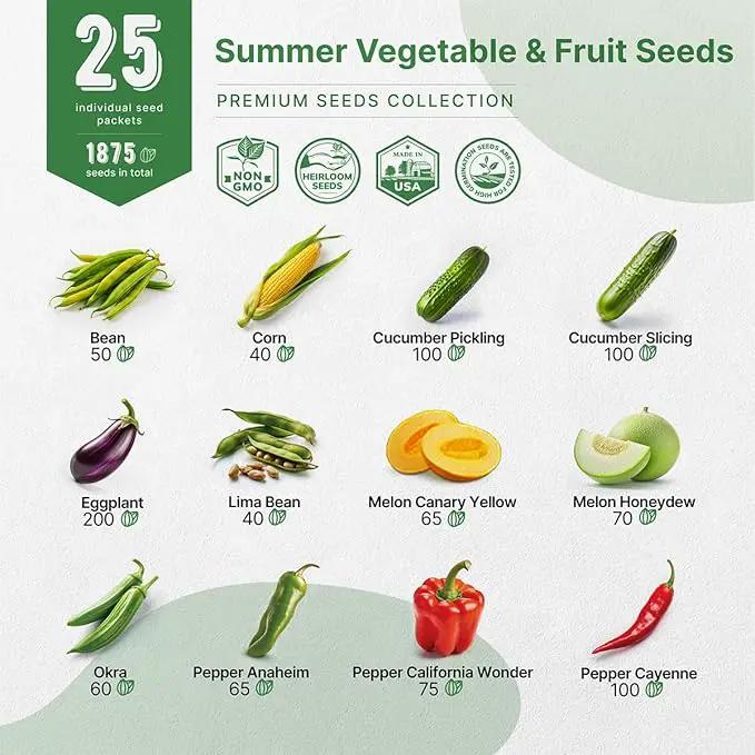 25 Summer Vegetable & Fruit Seeds Variety Pack - 1,870+ Non-GMO Heirloom Veggie & Fruits Seeds for Outdoors and Indoor Home Gardening, Including Collards, Tomato, Pepper, Okra, Onion, Bean, Cucumber by GreenHaven Gardens