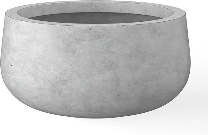 Kante 11.8" Dia Round Concrete Planter, Cement Plant Pots with Drainage Hole and Rubber Plug for Outdoor Indoor Garden Home, Modern Curvaceous Design, Natural Concrete by GreenHaven Gardens