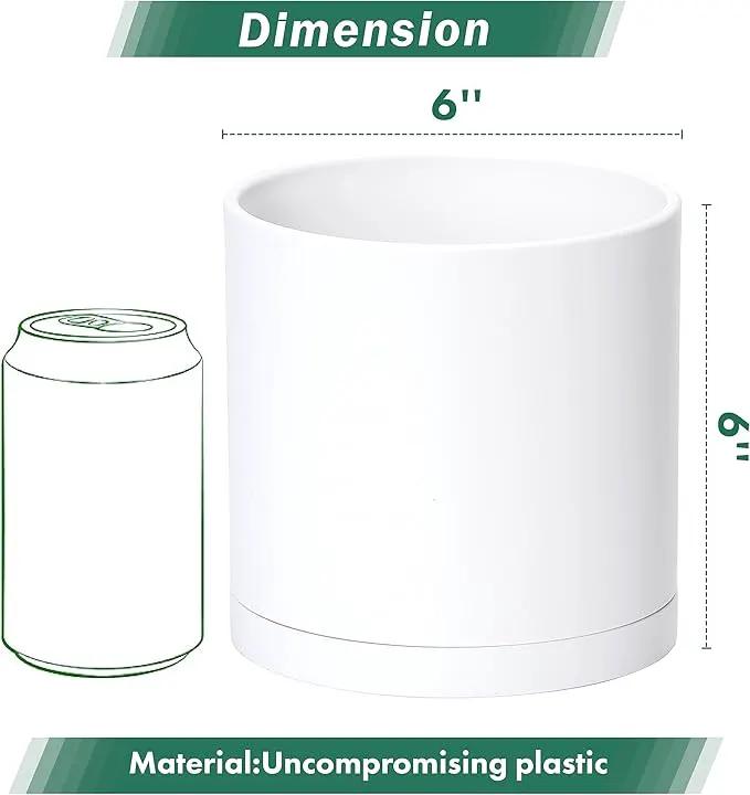 D'vine Dev 2 Pack 6 Inch Modern Plastic Plant Pots, Small Garden Planters for Plant with Drainage Holes and Saucers, White Color, 74-Z-J-1 by GreenHaven Gardens