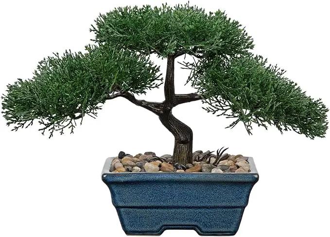 Artificial Bonsai Tree Juniper Faux Plants Indoor Fake Plants Decor with Blue Ceramic Pots for Home Table Office Desk Bathroom Shelf Bedroom Living Room Farmhouse Decorations-Pine by GreenHaven Gardens