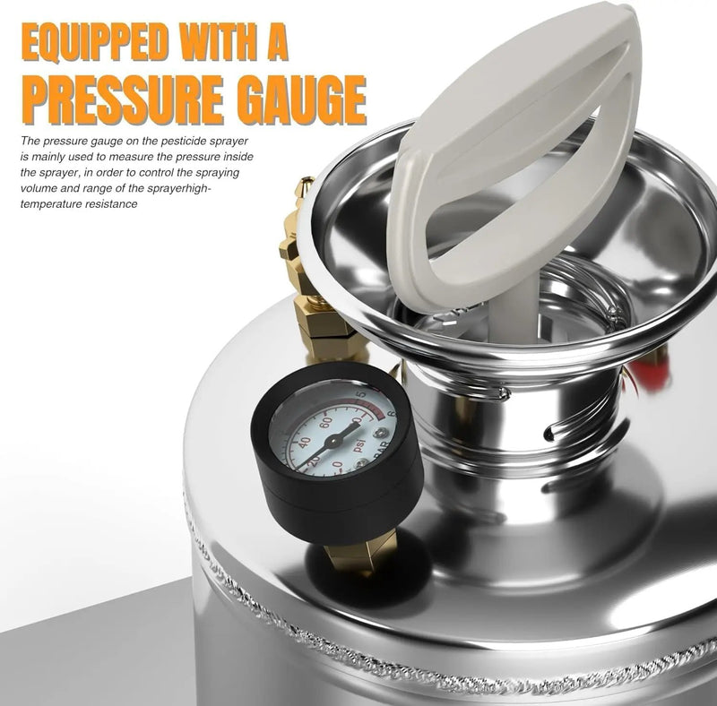 2 Gallon Garden Sprayer, 304 Stainless Steel Chemical Sprayer, Hand Pump Sprayer, with Pressure Gauge, Adjustable Nozzle, 20" Sprayer Wand, 3.3ft Hose & Safety Valve by GreenHaven Gardens