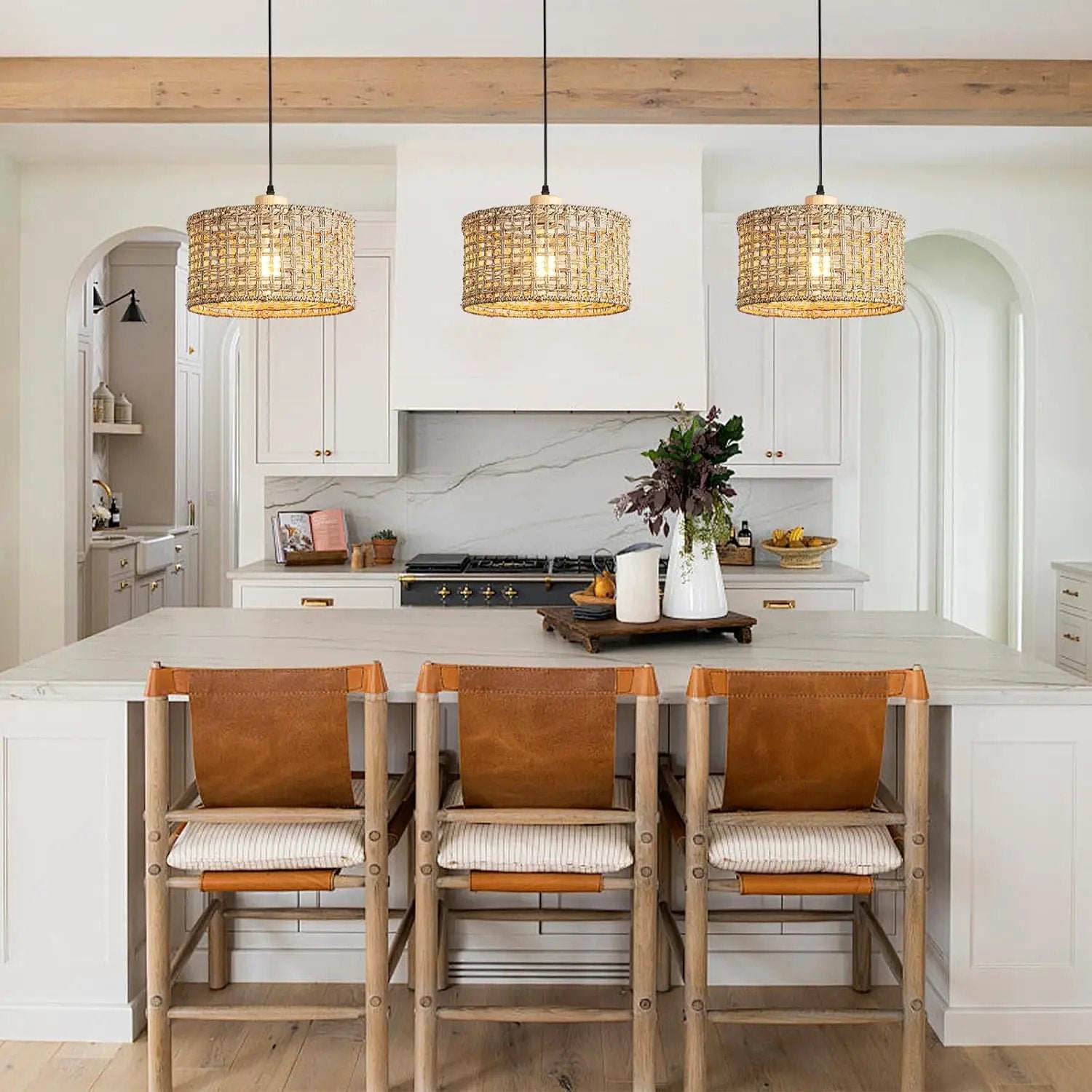 Hand-Woven Rattan Pendant Light, 11.8" Bohemian 1-Light Natural Wicker Hanging Lighting Fixture Ceiling Farmhouse Basket Hanging Lamp Chandelier for Kitchen Island, Living Dining Room by GreenHaven Gardens