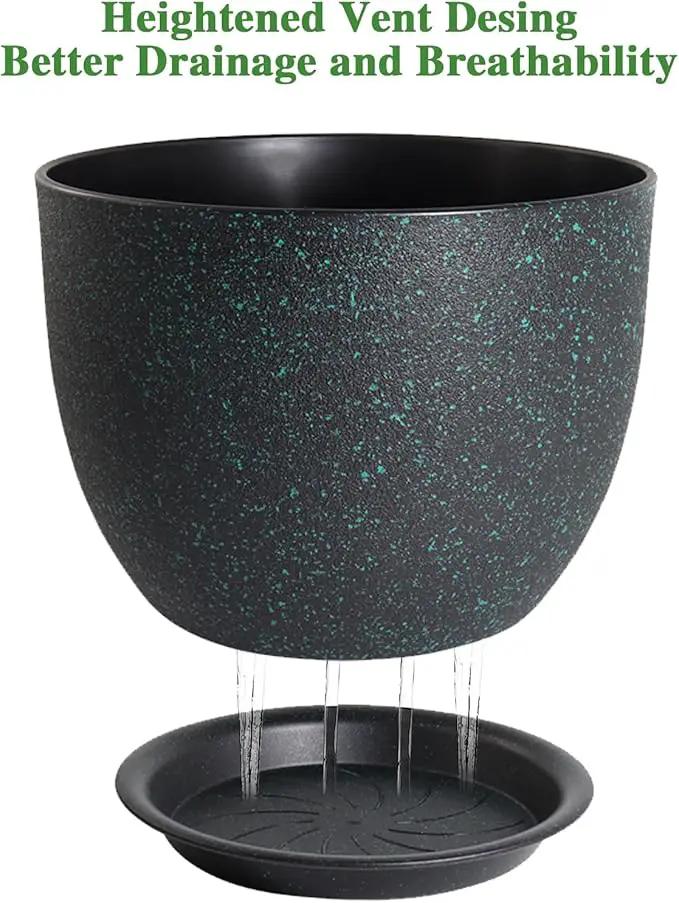 12/10/9 Large Modern Plant Pots, Plastic Planters with Drainage Holes and Saucers for Indoor Outdoor Plants Flowers, Black with Green Speckles by GreenHaven Gardens