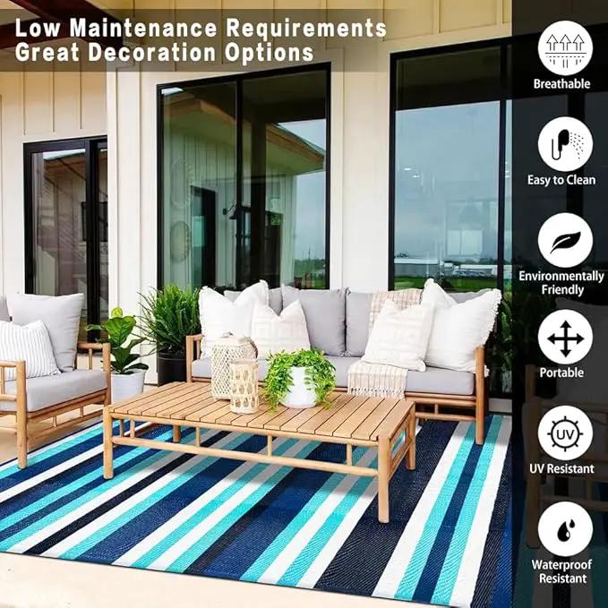 Outdoor Waterproof Rug 8'x10' Plastic Straw Rugs Washable Reversible Floor Mat Blue Stripe Carpet for Camping RV Deck Entryance Porch Picnic Balcony Beach Backyard by GreenHaven Gardens