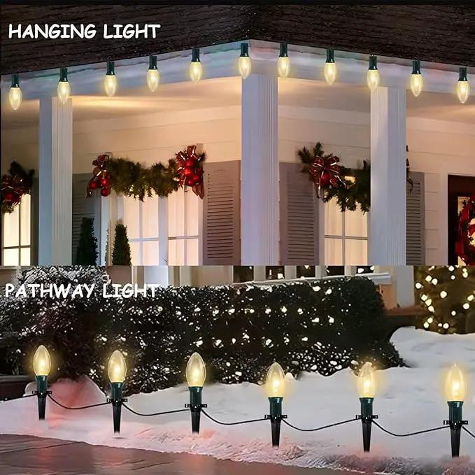 C9 Christmas Pathway Lights Outdoor, 38Ft 25 C9 Incandescent Warm White Pathway Marker Stakes Waterproof for Walkway Lawn Sidewalk Driveway Holiday by GreenHaven Gardens