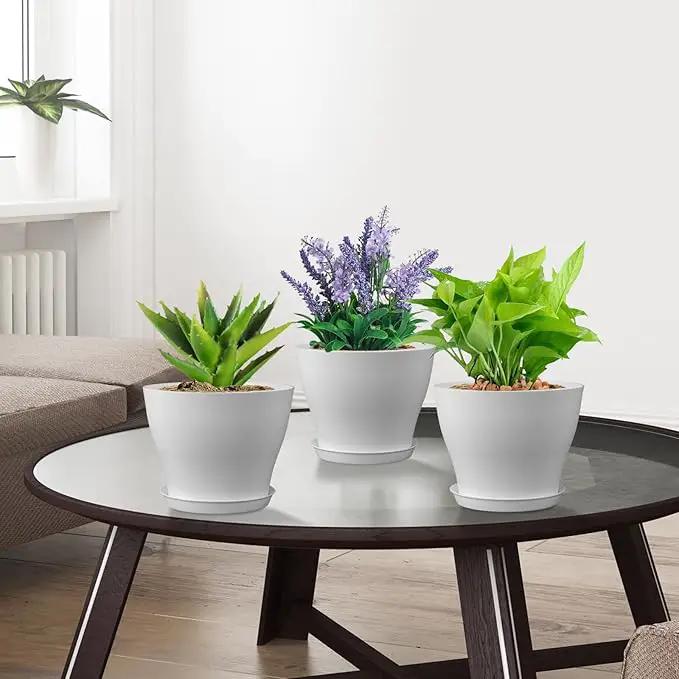 6 inch Plastic Nursery Pots, Seedling Pots, 16 Pack Plant Pots for Small Indoor Outdoor Plants, Flower Pots with Drainage Holes and Saucers, Decorative Planters for House Plants, White by GreenHaven Gardens