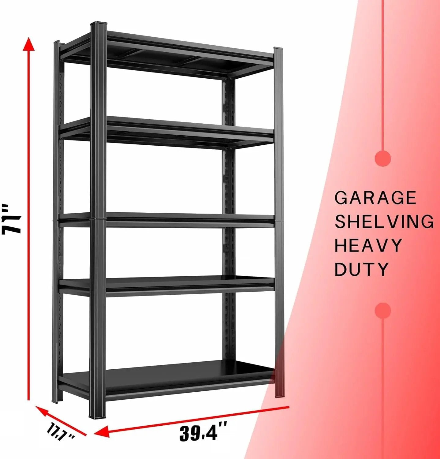 2500lb Capacity Heavy Duty Industrial Shelves | 5-Tier Steel Storage Rack | Adjustable Garage, Warehouse, Workshop Shelving | 71" H x 39.4" W x 17.7" D | Black by GreenHaven Gardens