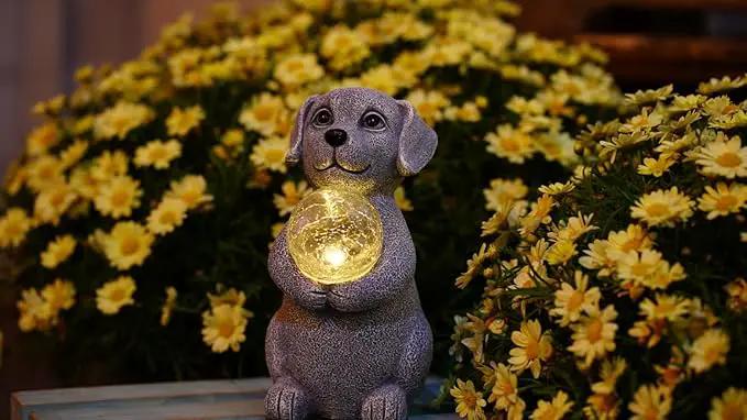 Solar Dog Garden Statues - 8.4 "Dog Decor with Gazing Ball Solar LED Lights, Unique Gifts for Mom Grandma Birthdays & Dog Lovers, Outdoor Decor for Outside Lawn Porch Patio (Gray) by GreenHaven Gardens