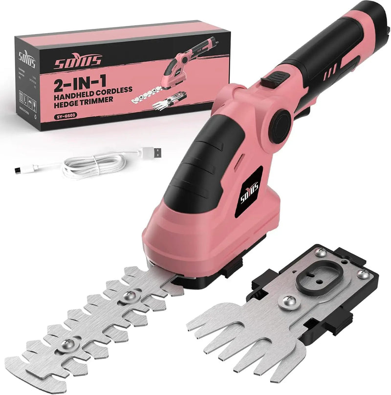 SOYUS Cordless Hedge Trimmer, 2 in 1 Electric Hedge Trimmers & Grass Shears, 7.2V Lightweight Shrub Trimmer Cordless with Battery and Charger, Ideal for Garden, Yard and Lawn - Pink by GreenHaven Gardens