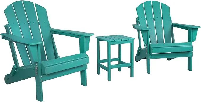 WO Home Furniture Adirondack Chairs Table Set of 3 PCS Outdoor Folding Chairs Side End Table Weather/UV Resistant for Lawn, Garden, Bon Fire, Balcony (Turquoise) by GreenHaven Gardens
