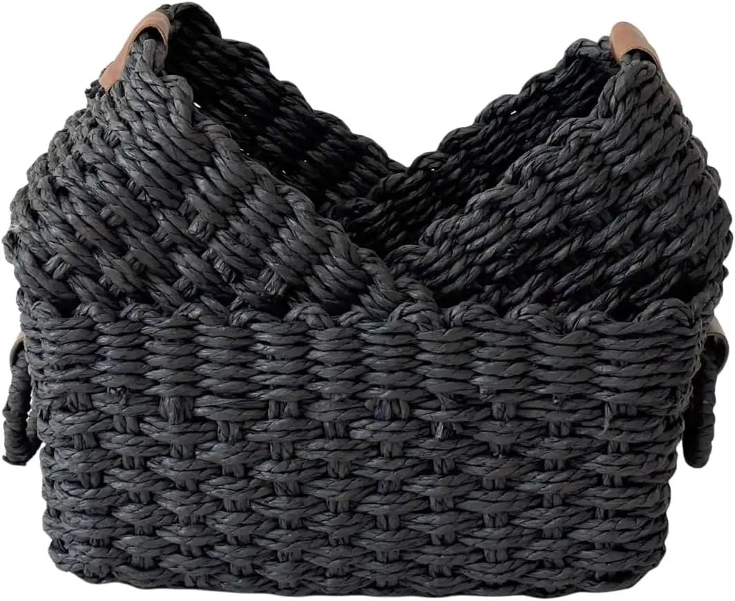 Paper rope Small Storage baskets for Organizing,Cute woven Little basket for Home，Shelves, Bathroom,Decorative basket,Set of 3 (Black) by GreenHaven Gardens