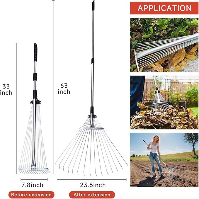 Adjustable Garden Metal Rake -32 to 63 Inch ,Hand Weed Collapsible Camping Landscape Dethatcher Rake for Leaves Shrub Yard Lawns,Leveling Yard Tool,Black by GreenHaven Gardens