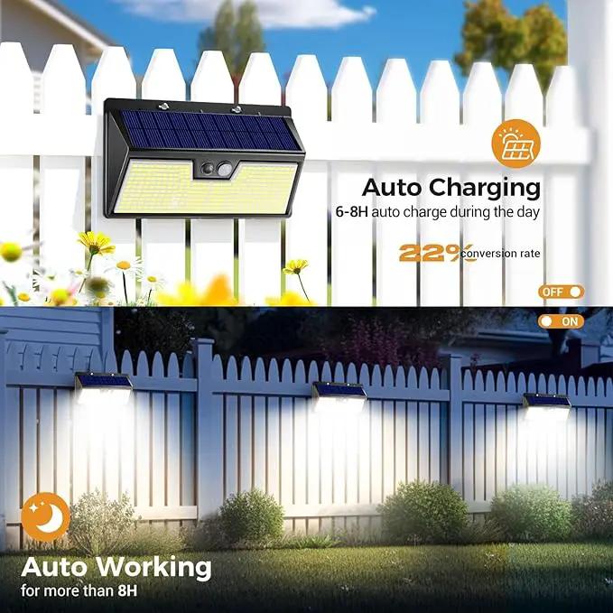 4 Pack Solar Lights Outdoor Motion Sensor, 318 LED Waterproof Fence Light with 3 Lighting Mode, Cool White LED Deck Light for Outside Wall Yard Chichen CoopGarden by GreenHaven Gardens